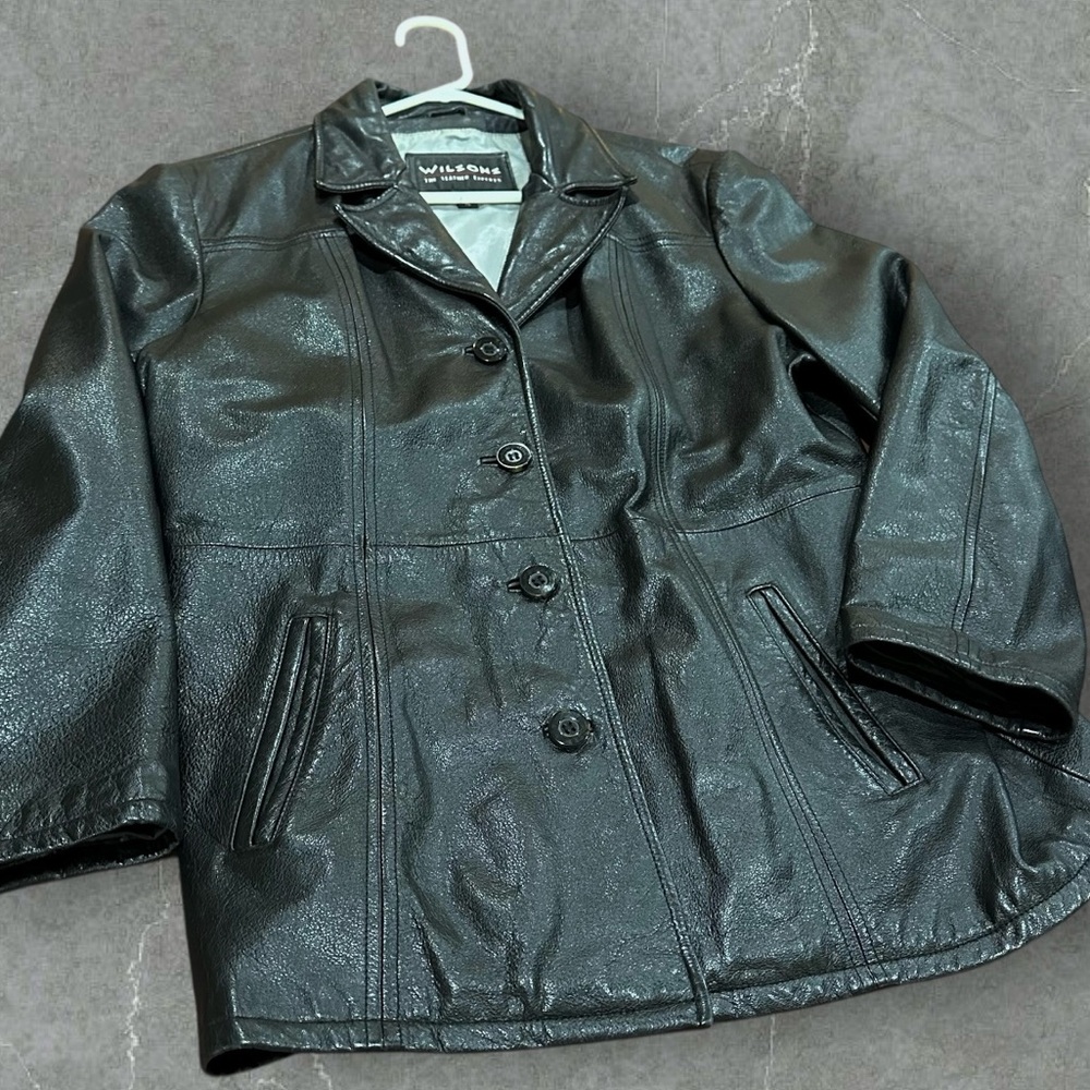 Wilsons Black Genuine Leather button front Jacket thick heavy collar pockets XL - Picture 9 of 15